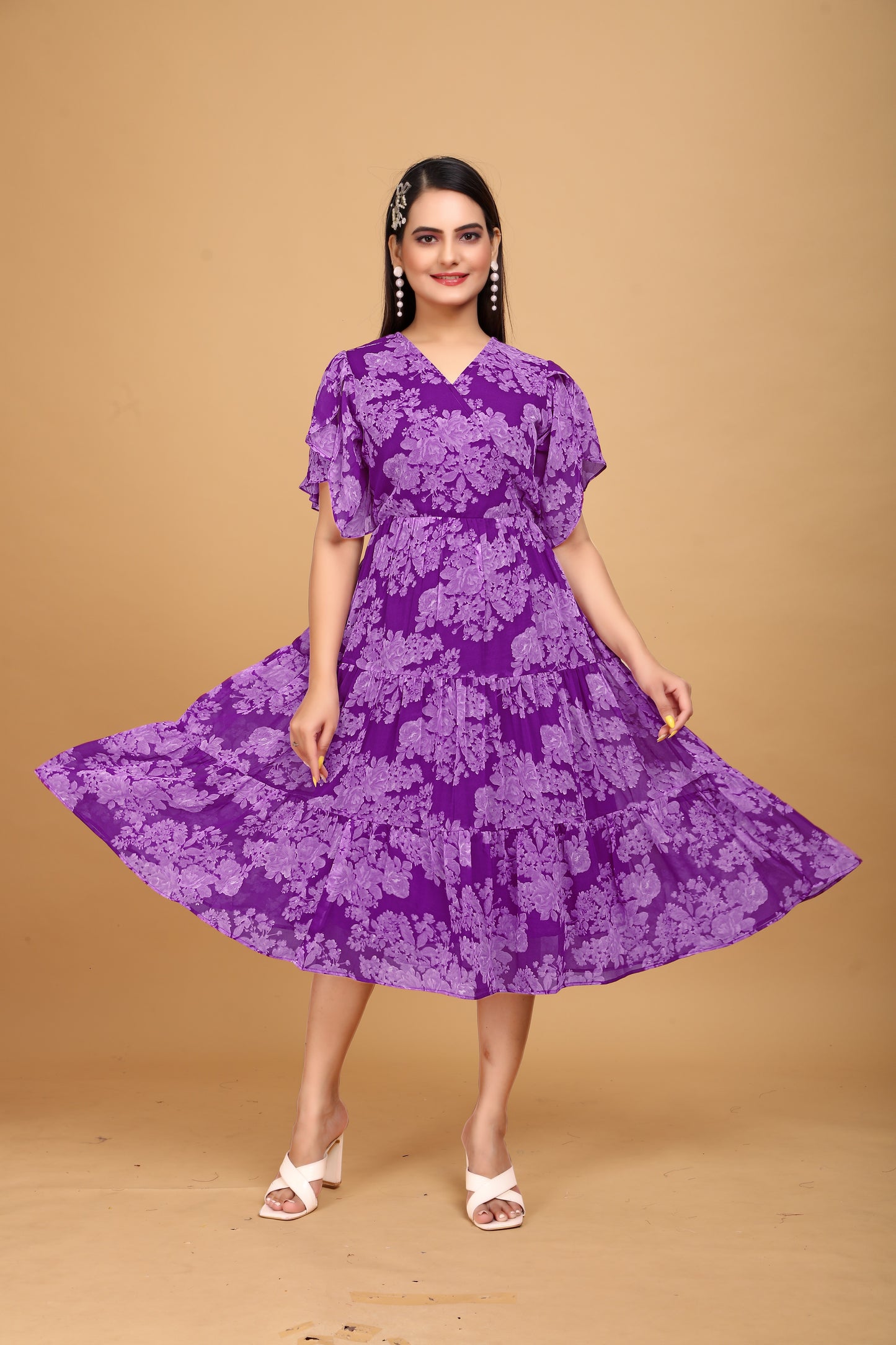 Elegant Purple Floral Georgette Gown for Women