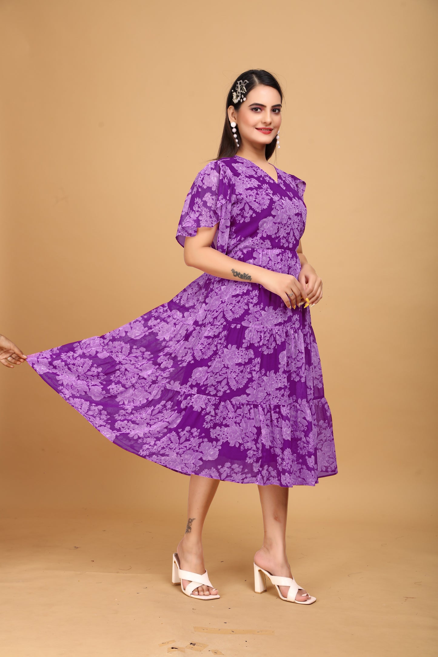 Elegant Purple Floral Georgette Gown for Women