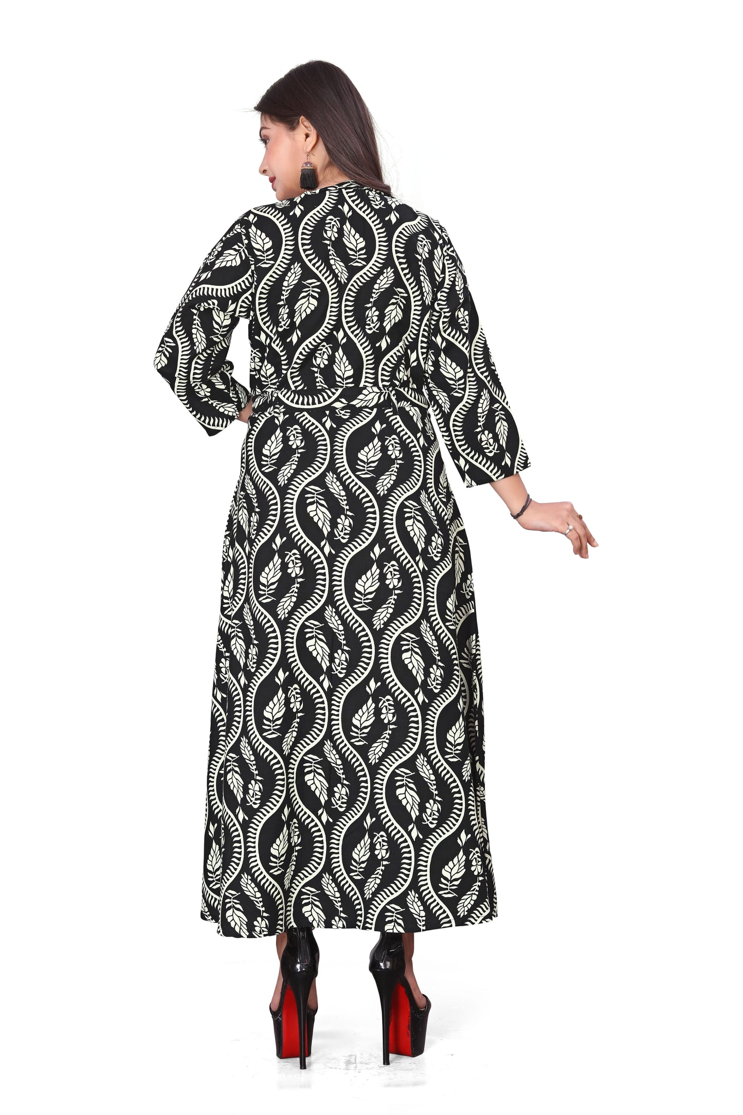 Elegant Black and White Printed Rayon Midi Dress with Belt for Women