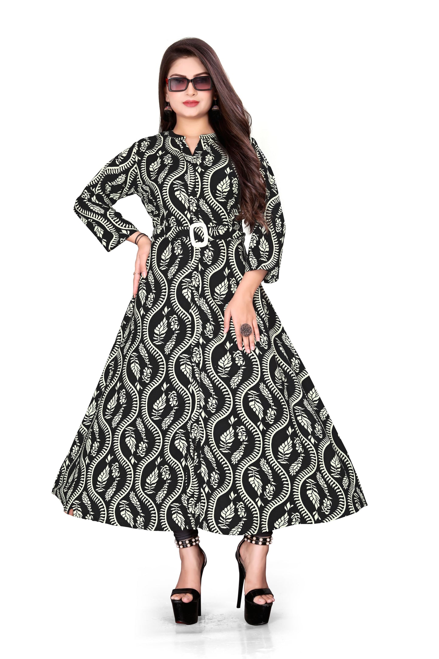 Elegant Black and White Printed Rayon Midi Dress with Belt for Women