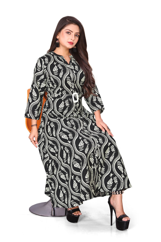 Elegant Black and White Printed Rayon Midi Dress with Belt for Women